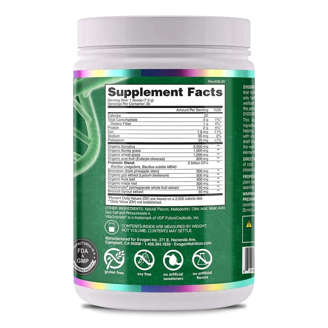 Evogen Evogreens Immune Health Superfood Spirulina Probiotics Pomegranate Bromelain , Organic maca 30 Servis