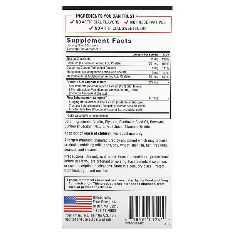 Force Factor Natural Prostate Men's Health Saw Palmetto Solution 60 Easy-To-Swallow Softgels - Görsel 3