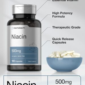 Horbäach Niacin with Flushing Vitamin B3 500mg 100 Caps