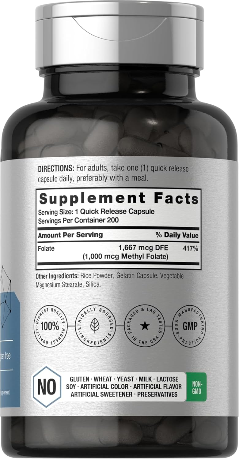 Horbäach Methyl Folate 5-MTHF Folic Acid 1000 mcg 200 Caps - Görsel 3