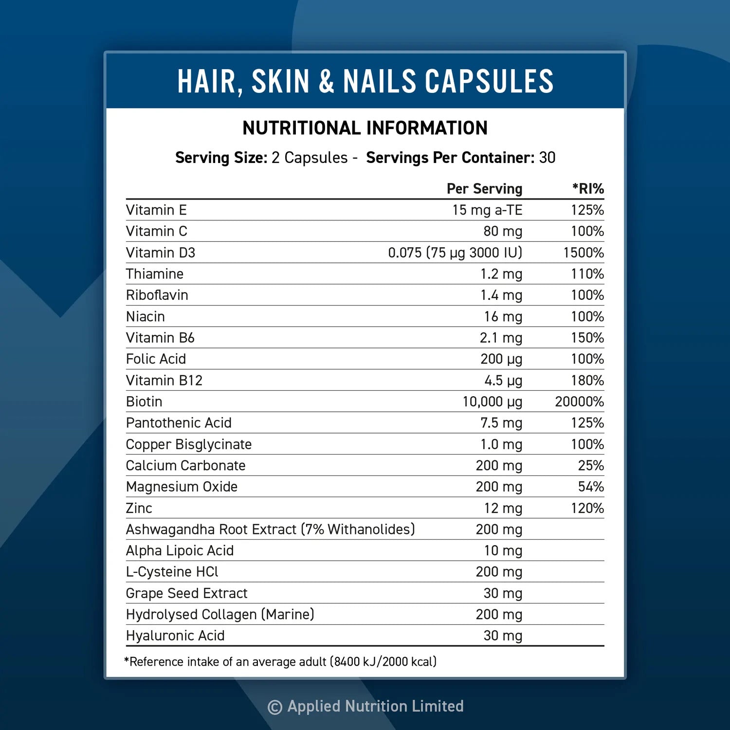 Applied Nutrition Hair, Skin & Nails, (BİOTİN+B12+MAGNESİUM OXİD+GRAPE+COLLAGEN+FOLİC ACİD 60 Caps - Görsel 5