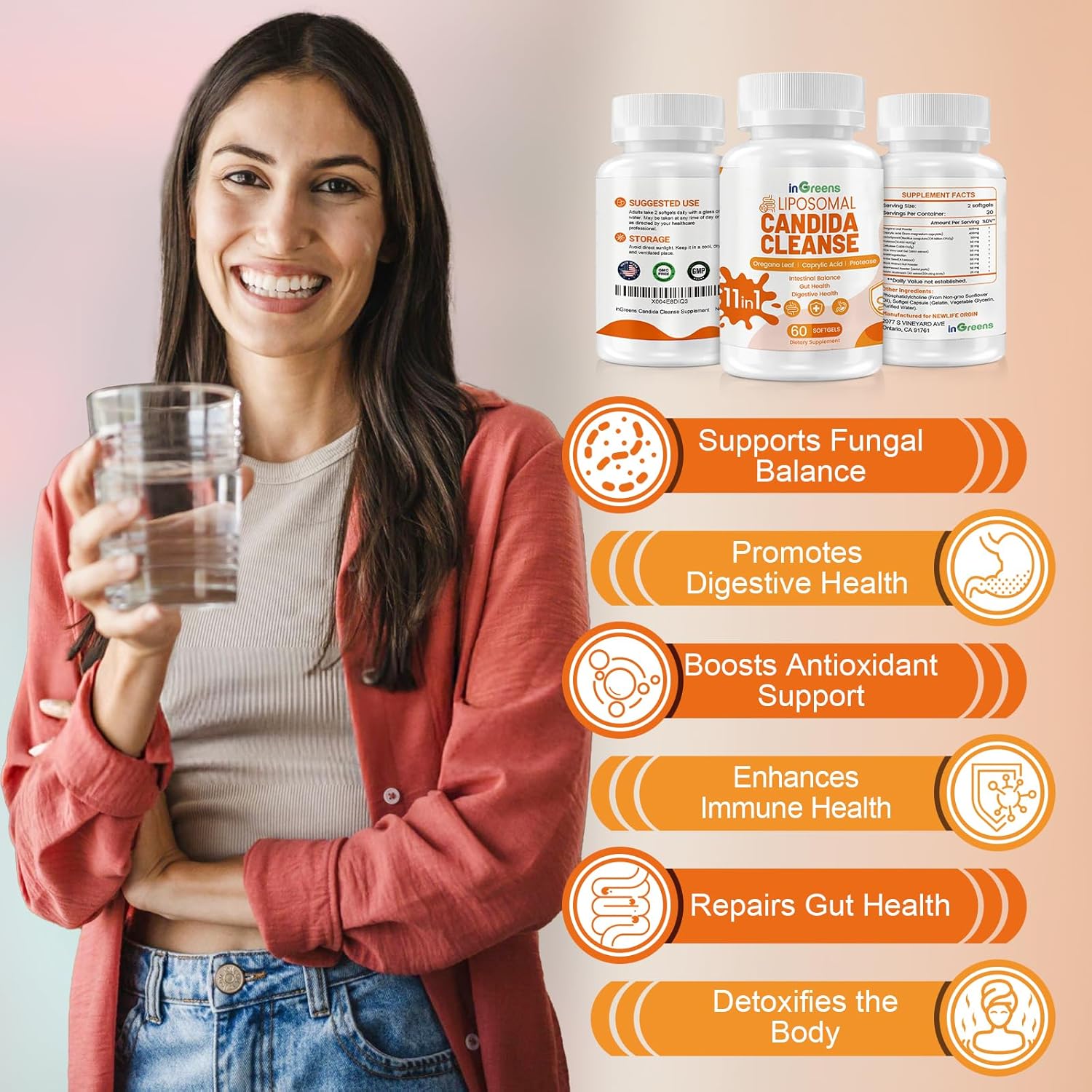 inGreens Candida Cleanse Detox for Women & Men Probiotics Digestive 60 Softgels - Görsel 4
