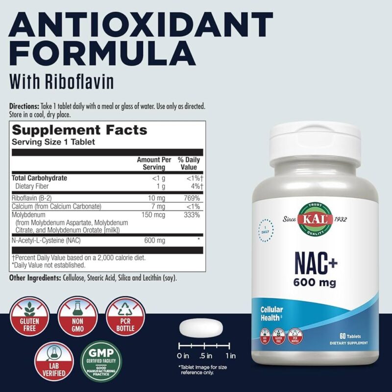KAL, NAC+ N-Acetyl-L-Cysteine 600 mg, 60 tablets