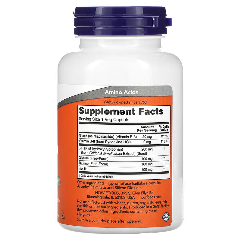 NOW Foods 5-HTP Inositol , Taurine , Niacin , Glycine Double Strength, 200 mg, 120 Veg Capsules - Görsel 2