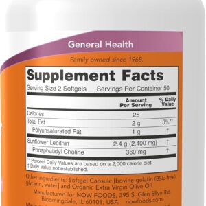 NOW Foods Sunflower Lecithin Phospholipids Choline Nervous System Support 1,200 mg, 100 Softgels