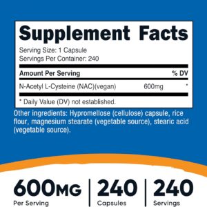 Nutricost N-Acetyl L-Cysteine NAC 600mg 240 Vegetarian Caps