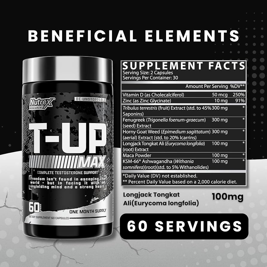 Nutrex T-Up Max Testo Booster 60 Caps Tribulus+Fenugreek+Maca+Tongkat Ali+Ksm66 Ashwagandha - Görsel 3