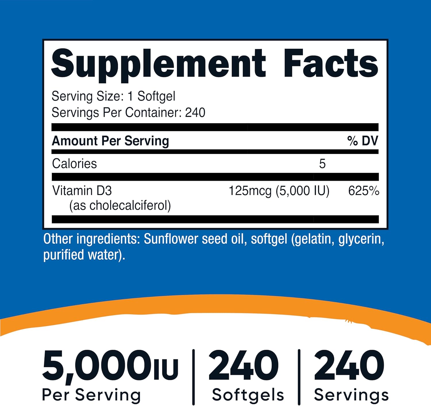Nutricost Vitamin D3 5,000 IU 240 Softgels - Görsel 2