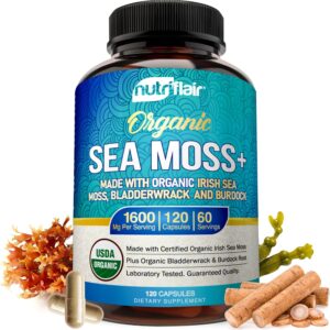 NutriFlair Organic Sea Moss 1600mg Bladderwrack Burdock Prebiotic Immune System & Digestive Health - Thyroid, Healthy Skin Keto Detox Gut 120