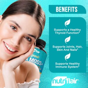 NutriFlair Organic Sea Moss 1600mg Bladderwrack Burdock Prebiotic Immune System & Digestive Health – Thyroid, Healthy Skin Keto Detox Gut 120