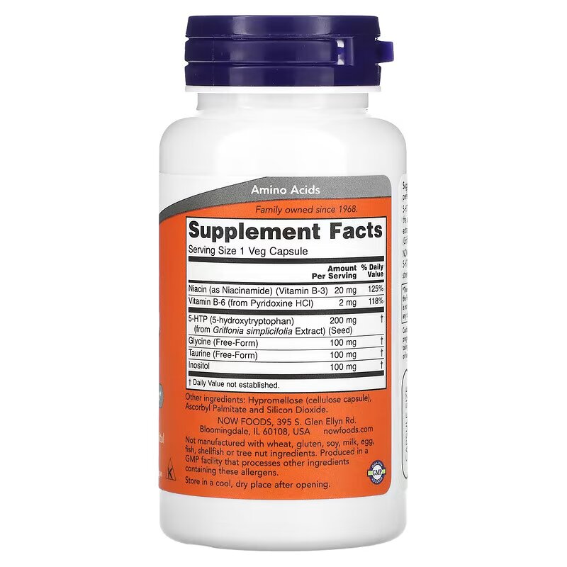 NOW Foods, 5-HTP, Inositol , Glycine , Taurine , Niacin Double Strength, 200 mg 60 Veg Caps
