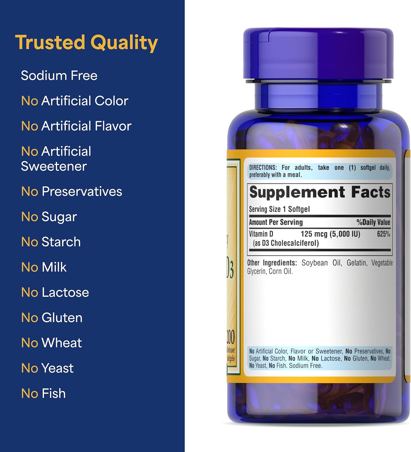 Puritan's Pride Vitamin D3 125 mcg 5000 IU 200 Softgels - Görsel 2