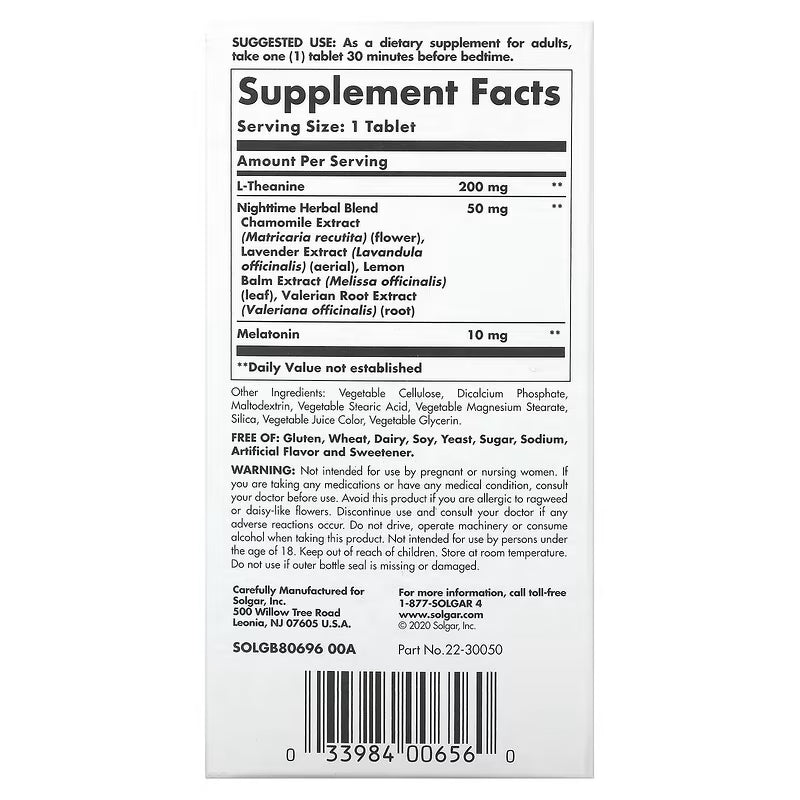 Solgar Sleep Triple action Melatonin + L-Theanine + Valerian Root Melissa Extract 30 Tablet