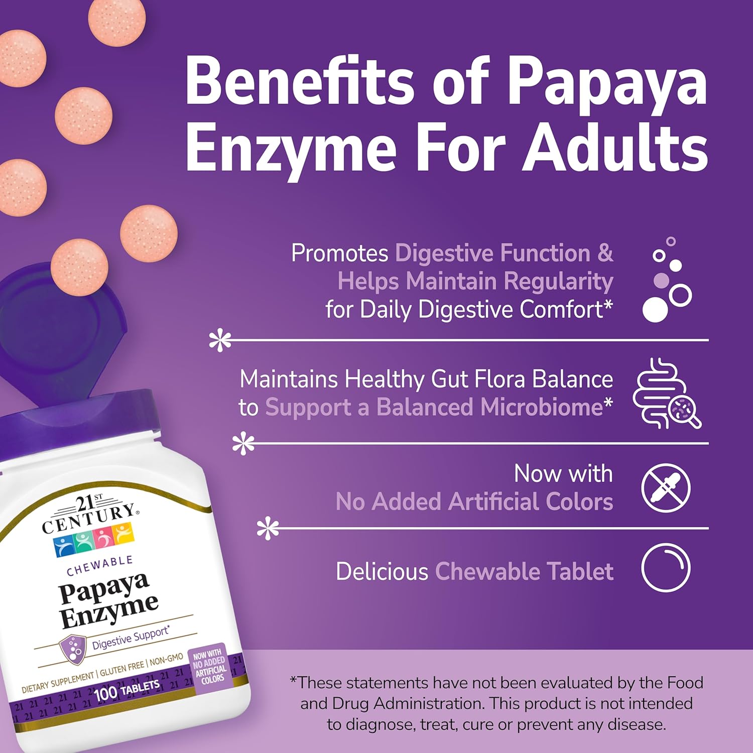 21st Century Papaya Enzyme Digestive Enzymes for Gut Health 100 Chewable Tablet - Görsel 4