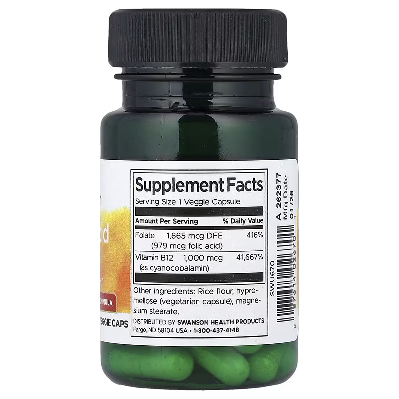 Swanson Folic Acid & B12 With Vitamin B9 Folate Energy Support 30 Veggie Caps - Görsel 2