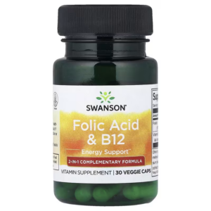 Swanson Folic Acid & B12 With Vitamin B9 Folate Energy Support 30 Veggie Caps