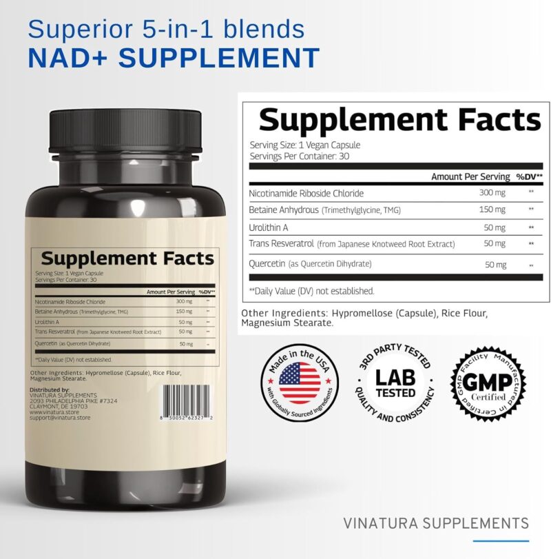 VINATURA NAD+ Nicotinamide Riboside Trans-Resveratrol TMG and Urolithin A Betaine 30 Vegan Caps - Görsel 4