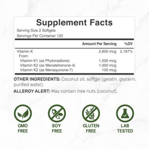 DEAL SUPPLEMENT Vitamin K 1 - K2 Complete MK-7 and MK-4 Bone Joint Immune Support 240 Coconut Oil Softgels - Görsel 4