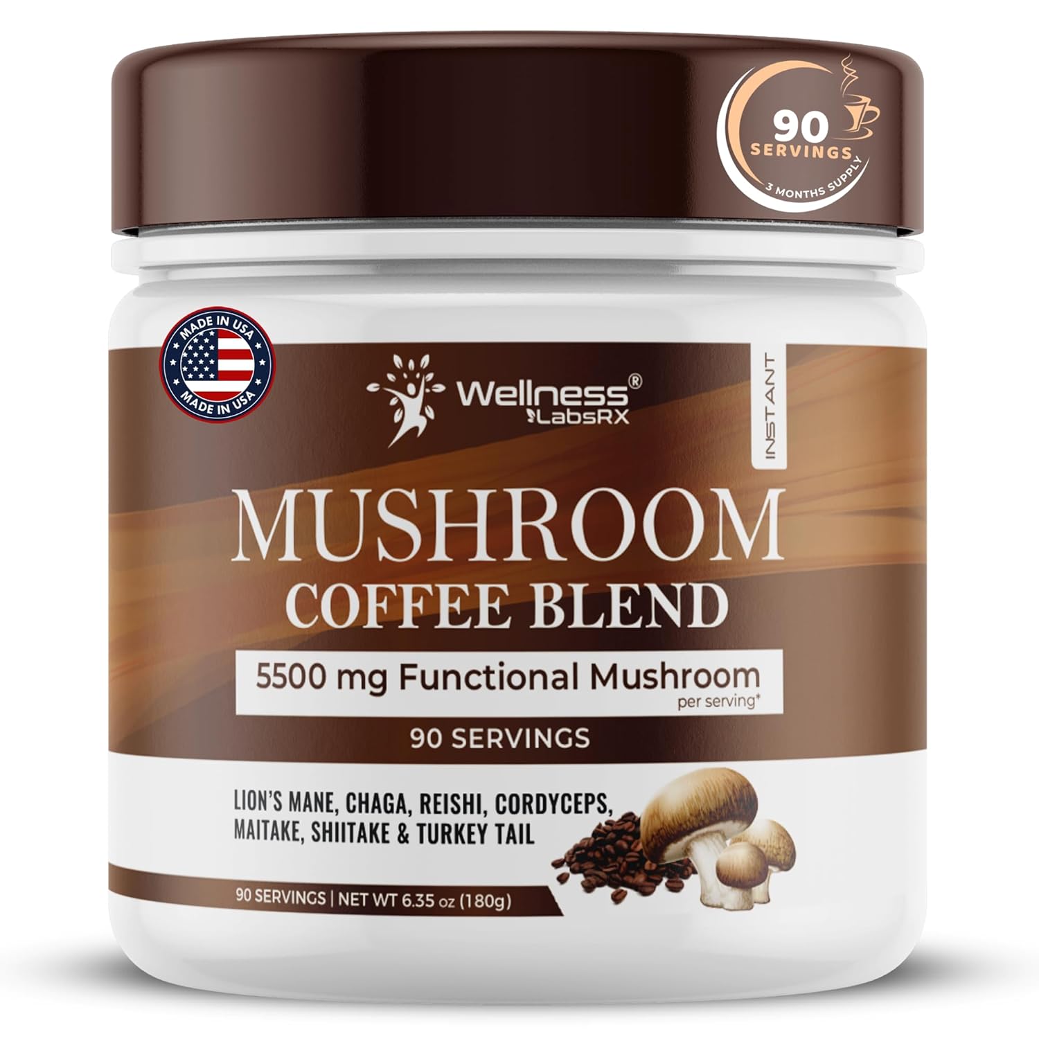 Wellness Labs Mushroom Coffee Lions Mane, Chaga, Reishi, Cordyceps, Maitake, Shiitake, and Turkey Tail 90 Servings - Görsel 2