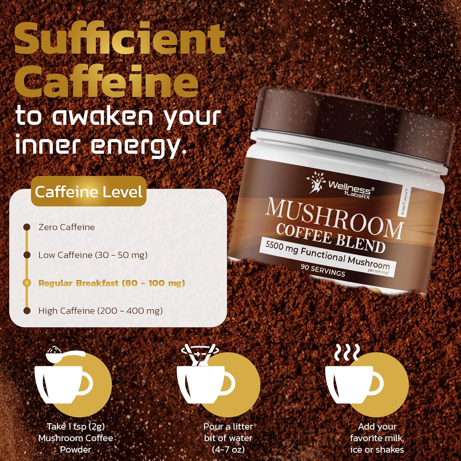 Wellness Labs Mushroom Coffee Lions Mane, Chaga, Reishi, Cordyceps, Maitake, Shiitake, and Turkey Tail 90 Servings - Görsel 3