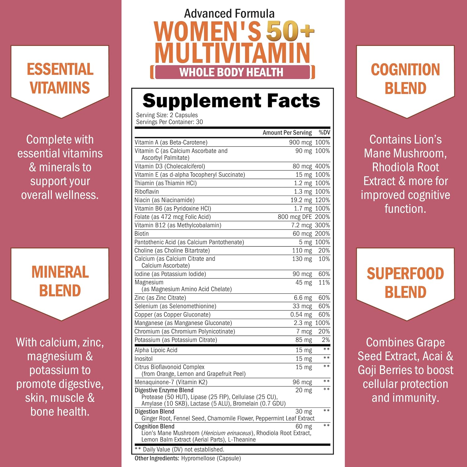 BioSchwartz Daily Multivitamin for Women Vitamin Memory Support Stress Reduction & Healthy Immune Response 60 Caps - Görsel 4
