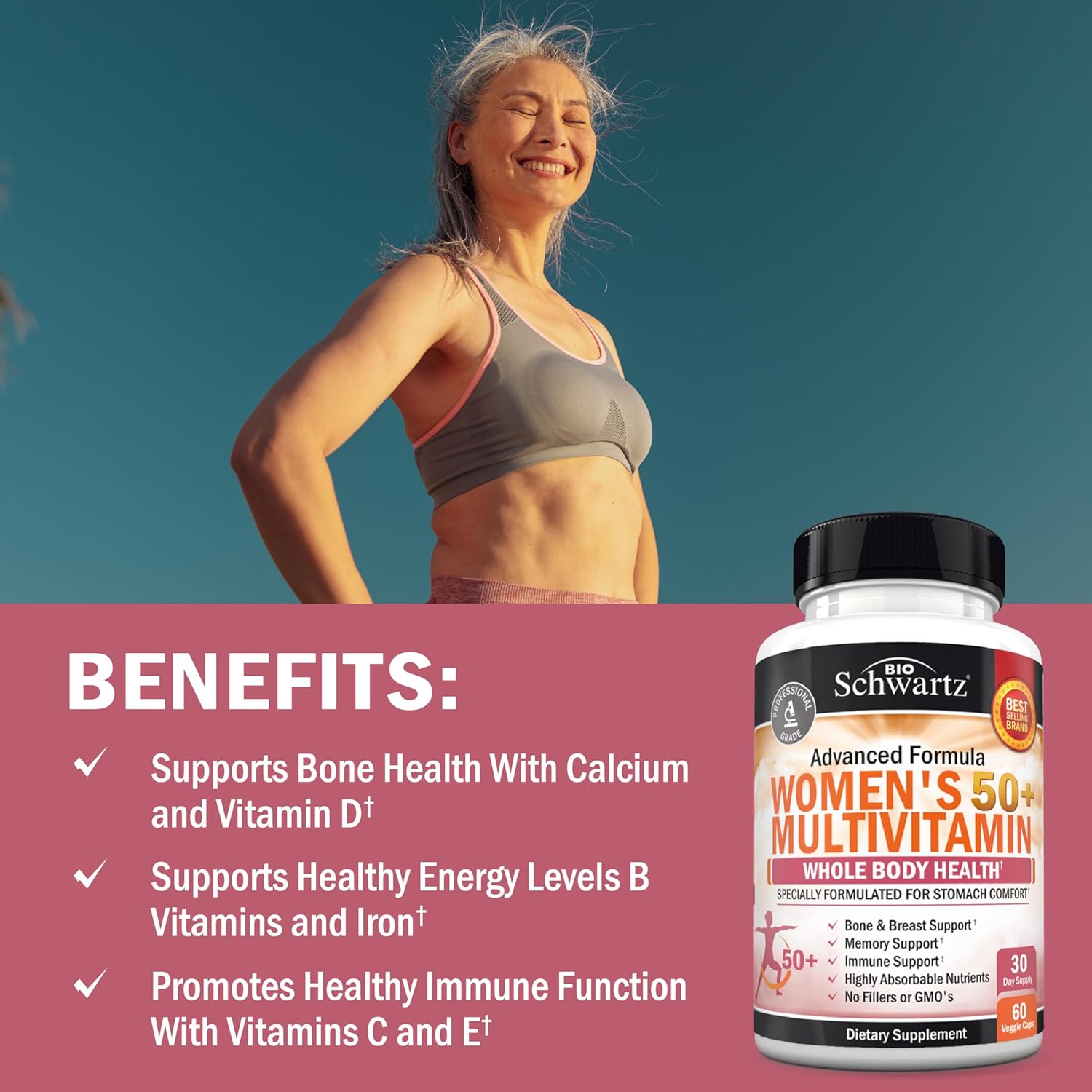 BioSchwartz Daily Multivitamin for Women Vitamin Memory Support Stress Reduction & Healthy Immune Response 60 Caps - Görsel 3