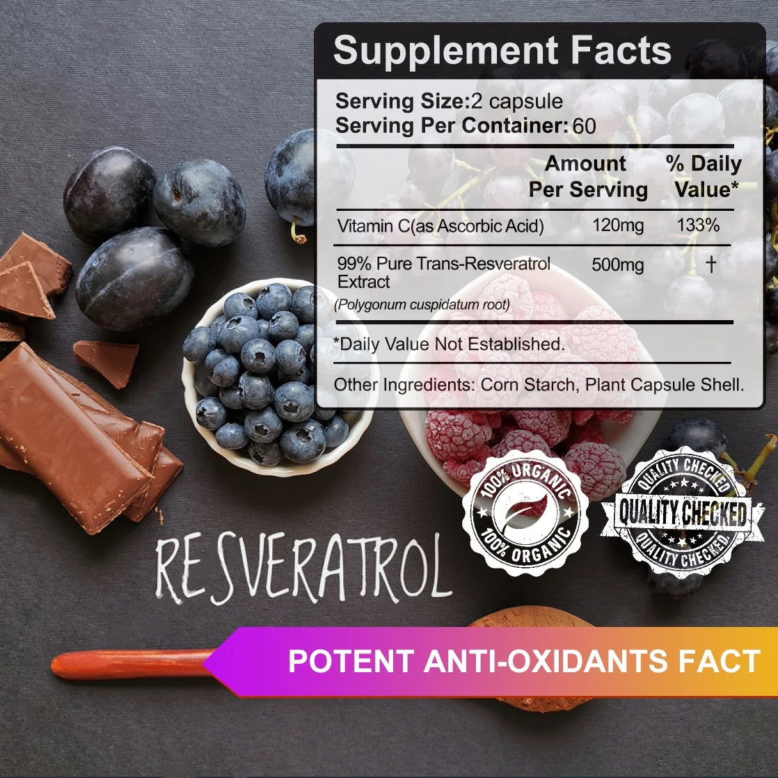 VIVALIFER Resveratrol+Vitamin C Anti-Aging Immune, Cardiovascular Joint 500mg+120mg 120 Caps - Görsel 4