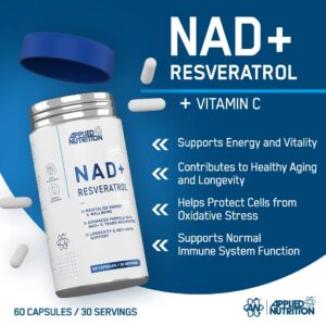 Applied Nutrition NAD+ Trans-Resveratrol Cellular Energy Antioxidant Support & Daily Wellness Formula 60 Caps