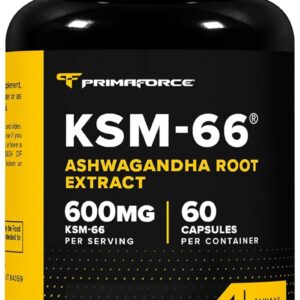 Primaforce KSM66 Ashwagandha Root Extract 600mg 60 Veggie Capsules - 5% Withanolides with BioPerine