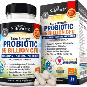 BioSchwartz Probiotic 65 Billion Probiotics with Prebiotic for Women & Men - Lactobacillus Acidophilus Digestive Health 30 Caps