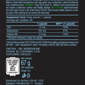 BioTechUSA ZMB+ZMA Capsules – Hormone Optimiser with Zinc, Magnesium Vitamin B6 – Testo Support, 60