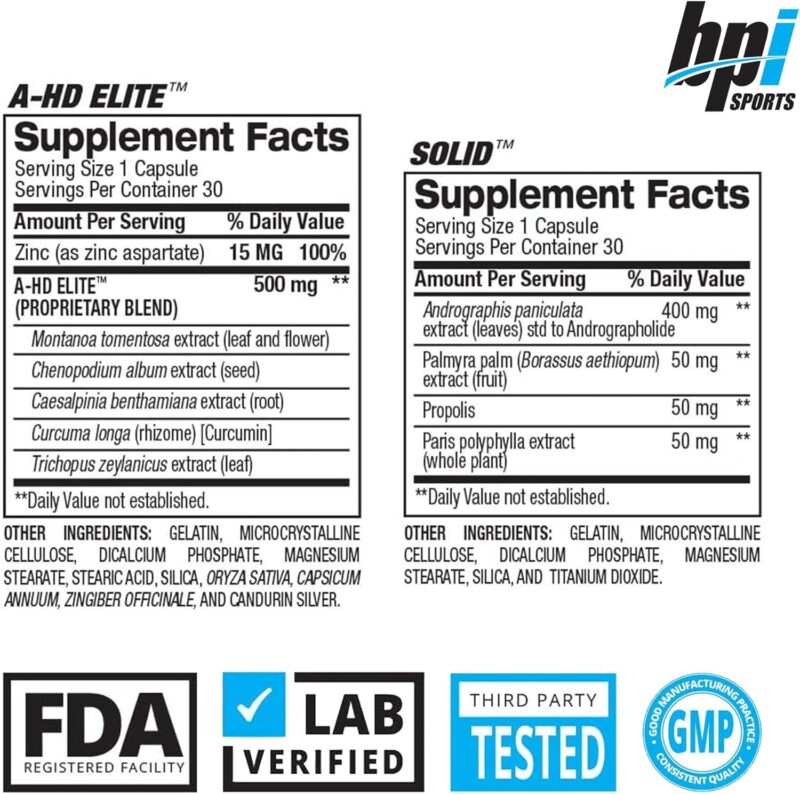 BPI Sports A-HD Elite/Solid Testo Booster for Men Strength Libido & Performance Support 30 Servis - Görsel 3
