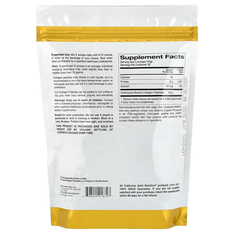 California Gold Nutrition Hydrolyzed Collagen Hair Skin & Nails Type I & III, Unflavored 200 Gr