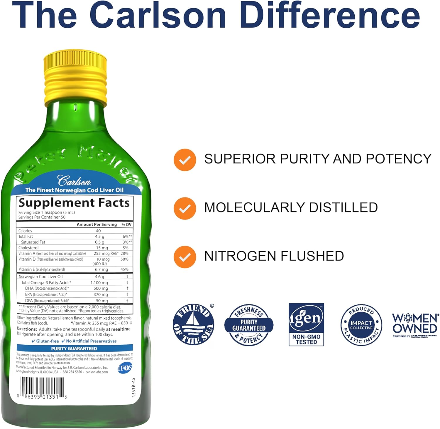 Carlson - Cod Liver Oil 1100 mg Omega-3s Liquid Cognitive Fish Oil Lemon EPA DHA 250 ml - Görsel 4