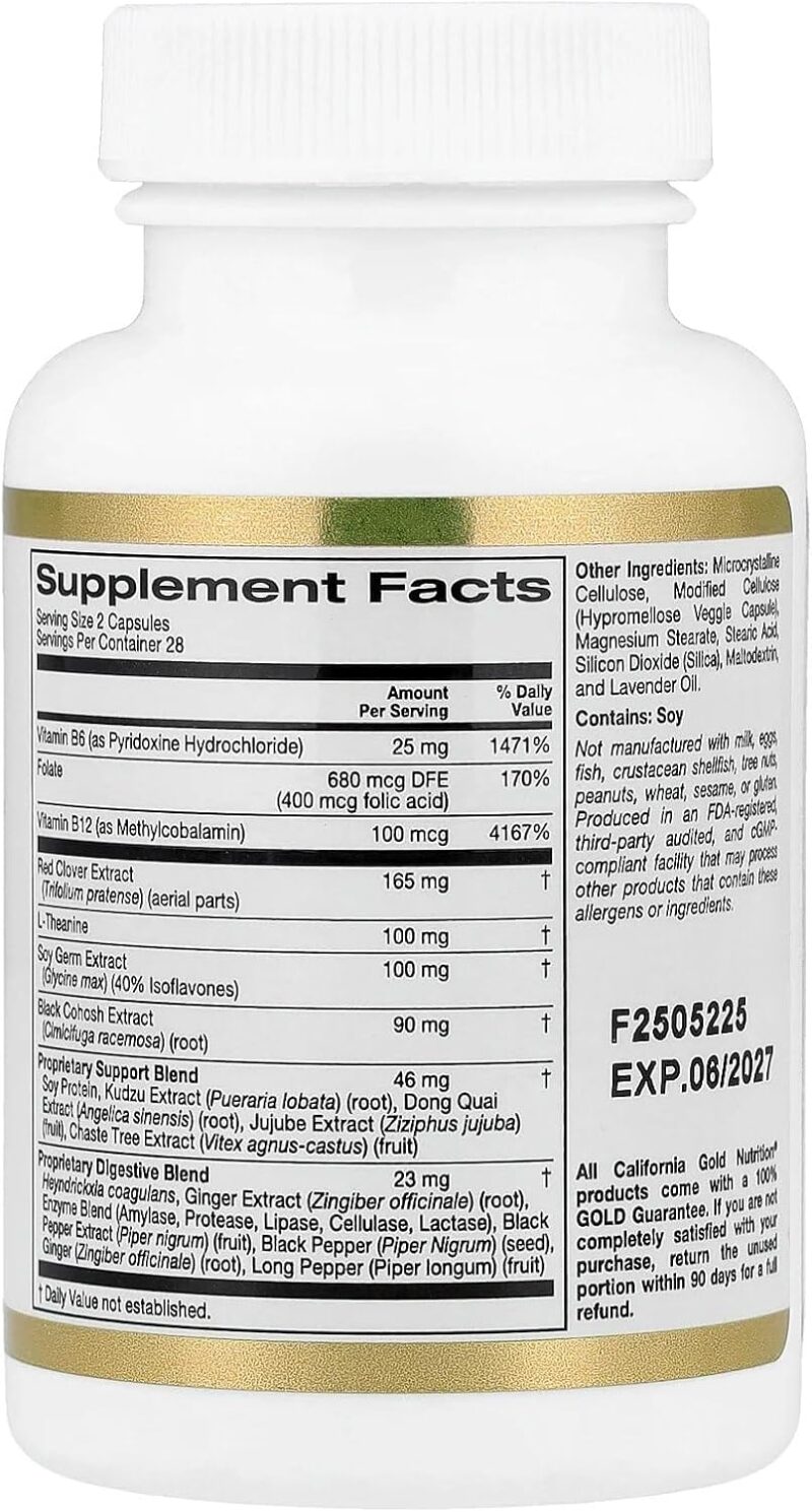California Gold Nutrition Menopause Comfort with Folate Red Clover Extract, Vitamin B12 Theanine 56 Veggie Caps - Görsel 2