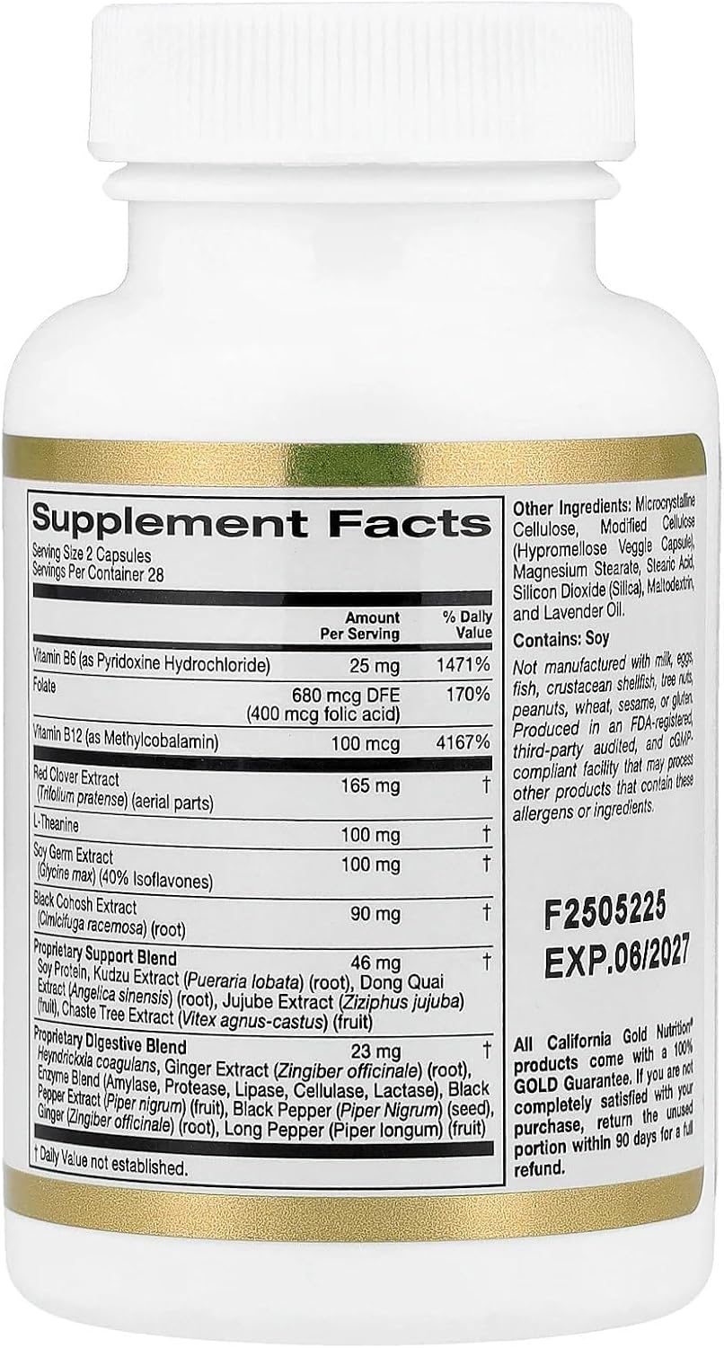California Gold Nutrition Menopause Comfort with Folate Red Clover Extract, Vitamin B12 Theanine 56 Veggie Caps - Görsel 2