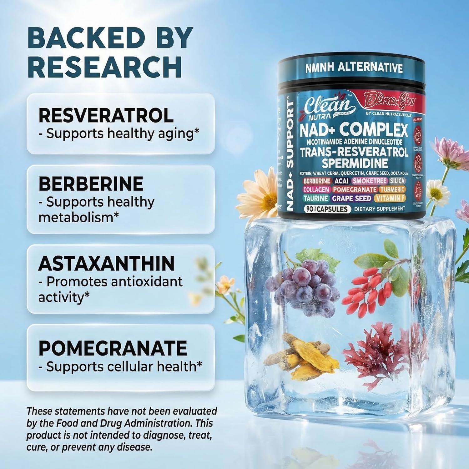 Clean Nutraceuticals NAD Spermidine Fisetin Quercetin Grape Seed Gotu Kola Berberine Astaxanthin Taurine Pomegranate Acai Anti Aging Longevity 90 caps