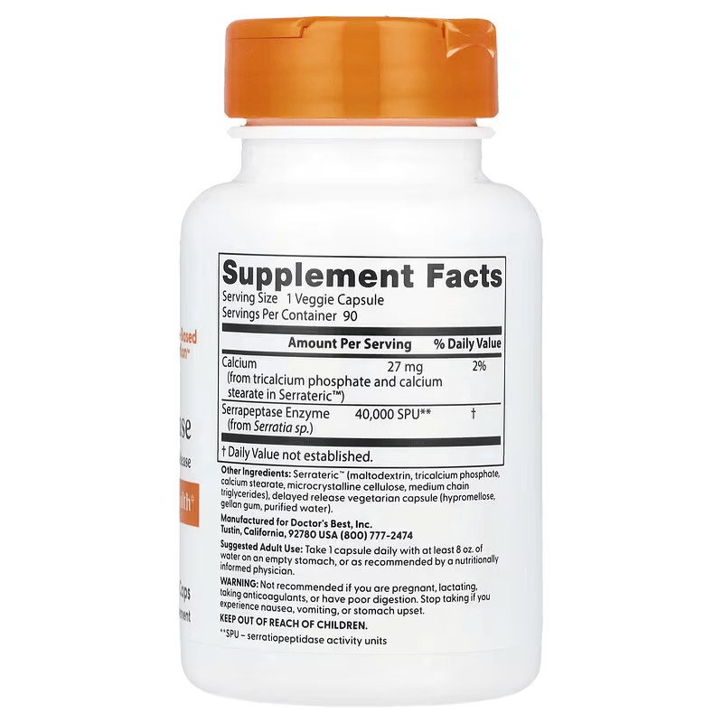Doctor’s Best Serrapeptase 40,000 SPU Gut Health Sinus Health 90 Veggie Caps