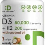 DEAL SUPPLEMENT Vitamin D3 50,000 IU + K2 MK7 Coconut Oil Bone Teeth & Immune Health 240 Softgels