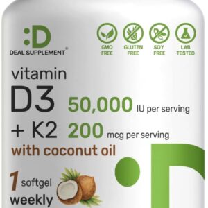 DEAL SUPPLEMENT Vitamin D3 50,000 IU + K2 MK7 Coconut Oil Bone Teeth & Immune Health 240 Softgels