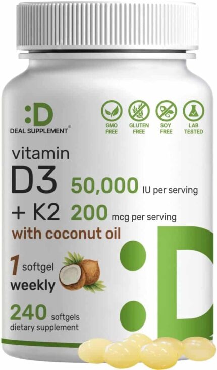 DEAL SUPPLEMENT Vitamin D3 50,000 IU + K2 MK7 Coconut Oil Bone Teeth & Immune Health 240 Softgels