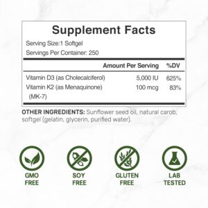 Deal Supplement Vitamin D3 K2 5000IU Softgel 250 Count - Görsel 2
