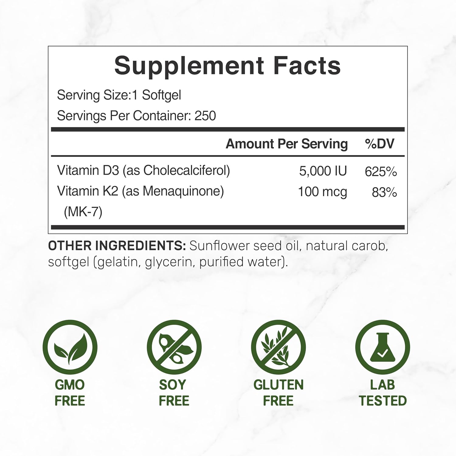 Deal Supplement Vitamin D3 K2 5000IU Softgel 250 Count