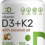 DEAL SUPPLEMENT Vitamin D3 5,000 IU + K2 MK7 100mcg with Virgin Coconut Oil Supports Heart Bone Teeth Immune Health 250 Softgels