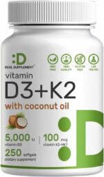 DEAL SUPPLEMENT Vitamin D3 5,000 IU + K2 MK7 100mcg with Virgin Coconut Oil Supports Heart Bone Teeth Immune Health 250 Softgels