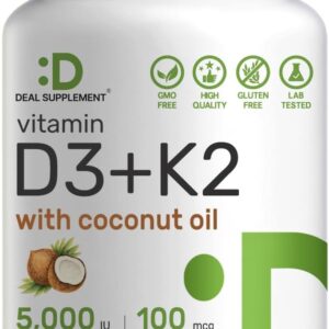 DEAL SUPPLEMENT Vitamin D3 5,000 IU + K2 MK7 100mcg with Virgin Coconut Oil Supports Heart Bone Teeth Immune Health 250 Softgels