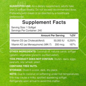 DEAL SUPPLEMENT Vitamin D3 50,000 IU + K2 MK7 Coconut Oil Bone Teeth & Immune Health 240 Softgels - Görsel 3