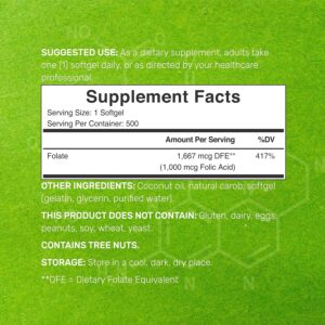 DEAL SUPPLEMENT Folic Acid 1000 mcg Oil Bioavailable Prenatal Vitamin B9 500 Softgels - Görsel 2