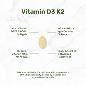 DEAL SUPPLEMENT Vitamin D3 5,000 IU + K2 MK7 100mcg with Virgin Coconut Oil Supports Heart Bone Teeth Immune Health 250 Softgels - Görsel 2