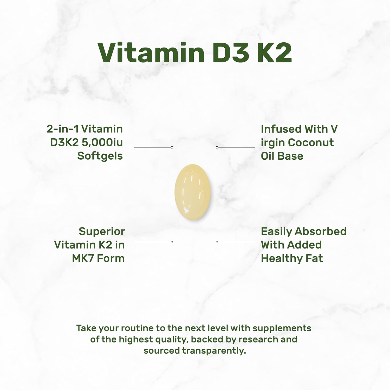 DEAL SUPPLEMENT Vitamin D3 5,000 IU + K2 MK7 100mcg with Virgin Coconut Oil Supports Heart Bone Teeth Immune Health 250 Softgels